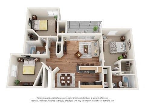 Floor plan for 3 beds, 2 baths, 1211 sqft